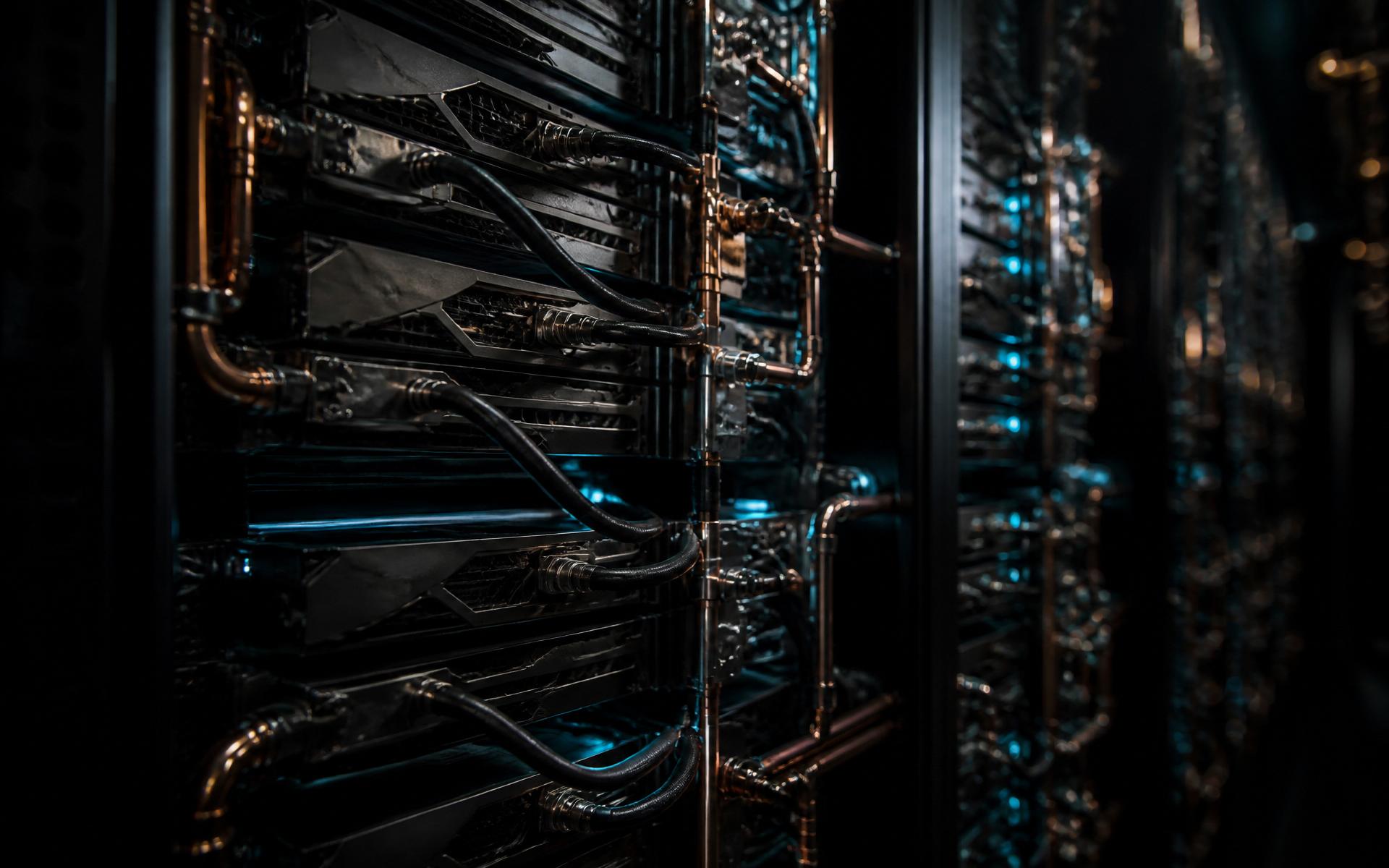 High-density AI server racks with liquid cooling manifolds