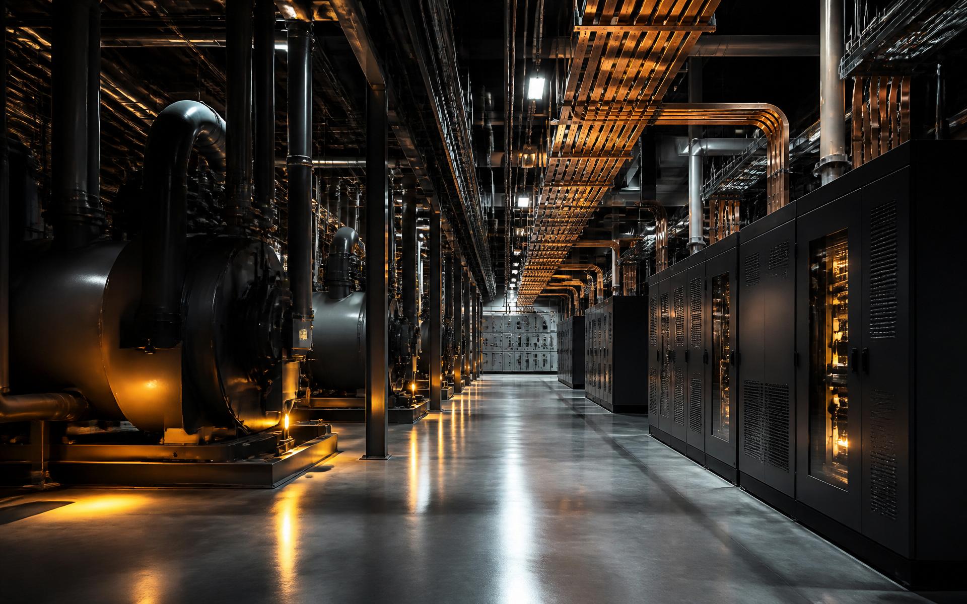 Data center MEP plant room — chillers, switchgear and busbars